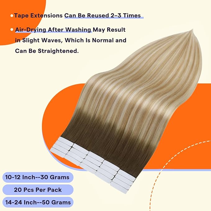 Full Shine Human Hair Extensions Tape in 24 Inch Color 6 Fading to 27 Honey Blonde and 60 Blonde Tape in Hair Extensions Human Hair Seamless Skin Weft 50g Natural Invisible Soft and Silky 20PCS