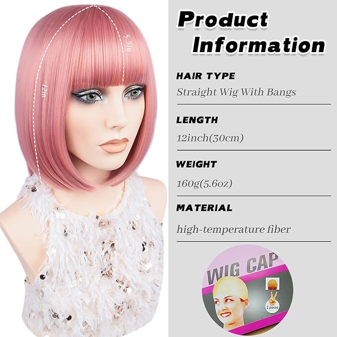 MAYSA Pink Bob Wig with Bangs for Women Short Straight Bob Wigs 12in Synthetic Cosplay Daily Party Colorful Neon Wigs # Light Pink