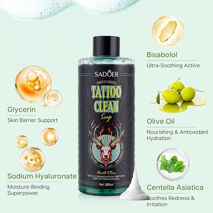 Ultra-Concentrated Tattoo Green Soap 10oz with Foaming Bottle 120ml, Clean Skin Equipment,1:10 Dilution Tattoo Soap Supplies for Tattoos Piercings