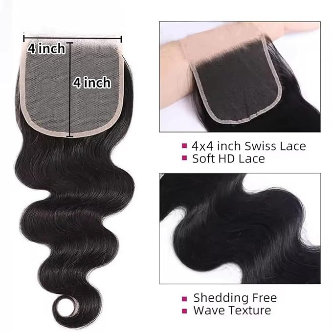 Brazilian Body Wave Virgin with Lace Closure(18 20 22 with16 Closure) Human Hair Unprocessed Hair with Closure 4X4 Lace Natural Black Hair