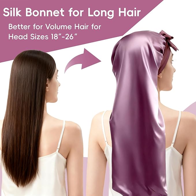 22 Momme 100% Mulberry Silk Bonnet for Sleeping Women, Satin Bonnet Wrap with Soft Tie Elastic Band, Non-Slip Hair Care Bonnet for Long Curly Hair Protection
