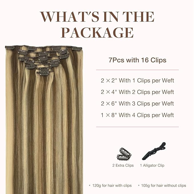 GOO GOO Clip in Hair Extensions Real Human Hair, Remy Human Hair Extensions Clip ins for Women, Natural Human Hair, 16inch 120g 7Pcs, 8A/22 Medium Brown Highlighted Golden Blonde