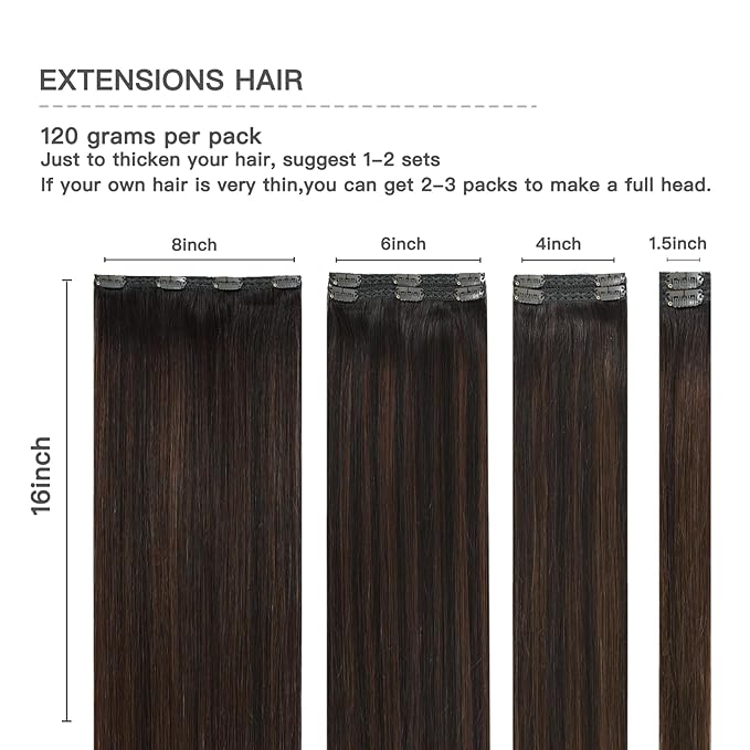 Clip in Hair Extensions Ombre Remy Hair Extensions Clip in Human Hair Dark Brown to Chestnut Brown Double Weft Balayage Real Human Hair Full Head Silky Straight 16 Inch 7pcs 120g