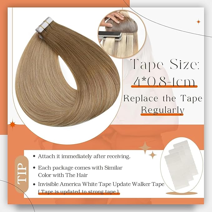 Full Shine Tape in Hair Extensions Human Hair 12Inch Tape Extensions Color 10 Golden Brown to 14 Dark Blonde Ombre Tape ins Human Hair Extensions Seamless Remy Human Hair 30G 20pcs for Wedding