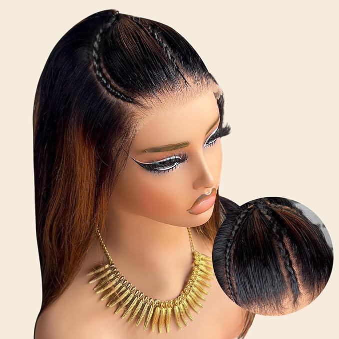 AMIRTY 200% Density Ombre Lace Front Wig Human Hair Glueless Braided Wigs Human Hair for Women 9x6 HD Bleached Knots Highlight Straight Lace Front Wigs Human Hair 26 Inch