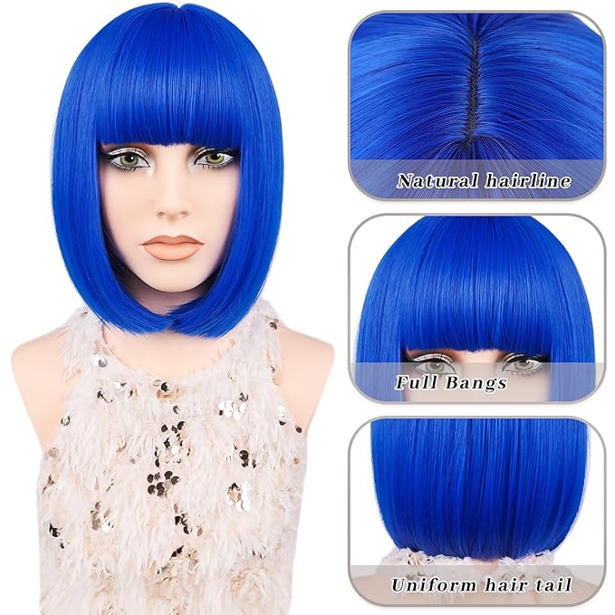 MAYSA Blue Bob Wigs with Bangs for White Women Short Straight Bob 12in Synthetic Cosplay Daily Party Colorful Wig # Royal Blue ﻿