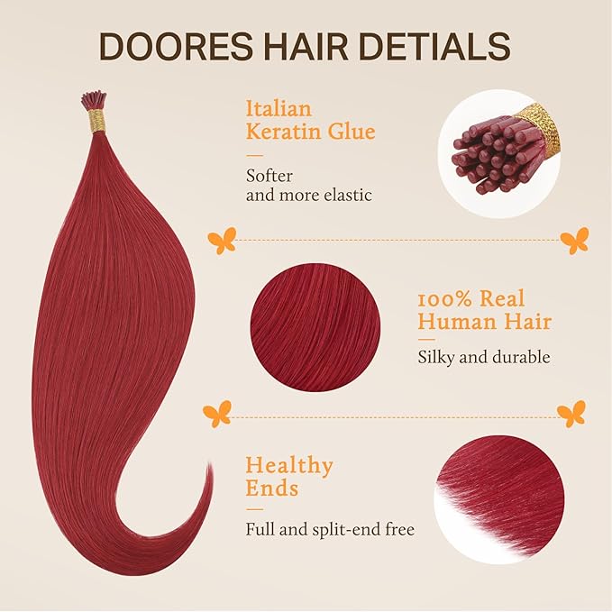 Doores I Tip Hair Extensions Human Hair, Red 16 Inch 25g, Hair Extensions Human Hair, Red Extensions