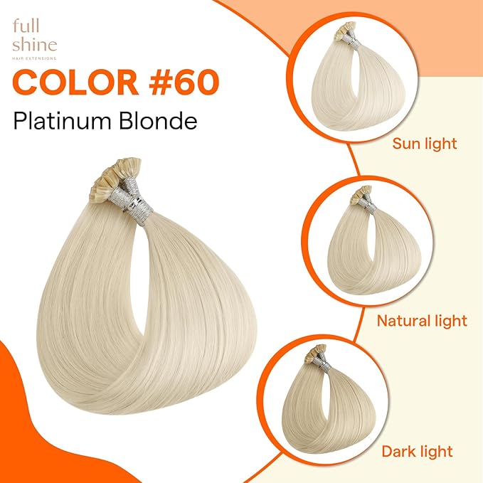 Full Shine Utip Human Hair Extensions 18 Inch Keratin Bond Hair Extensions Real Human Hair Color 60 Platinum Blonde Fusion U Tip Extensions 50 Grams add Volume