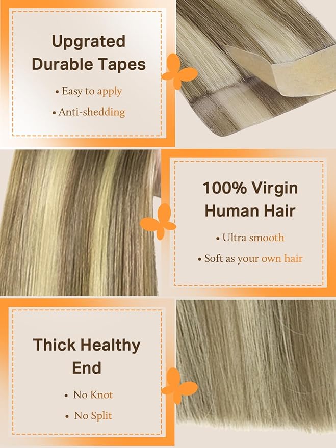 DOORES Tape in Human Hair Extensions, Light Brown Highlighted Medium Blonde 22 Inch 50g 20pcs, Remy Straight Hair