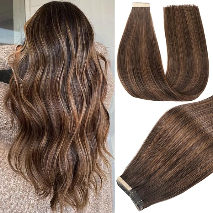Tape in Hair Extensions Human Hair Balayage Dark Brown Mixed Chestnut Brown Remy Hair Extensions 20pcs 14 Inch Human Hair Tape in Extensions Skin Weft Tape Extensions Human Hair (2/2/6#,14 Inch)