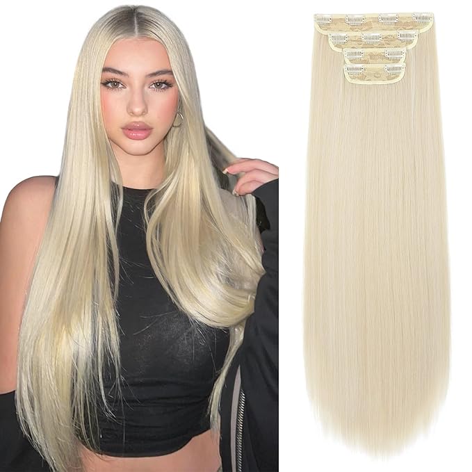 REECHO 28" Straight Long 4 PCS Set Thick Clip in on Hair Extensions -Light Blonde