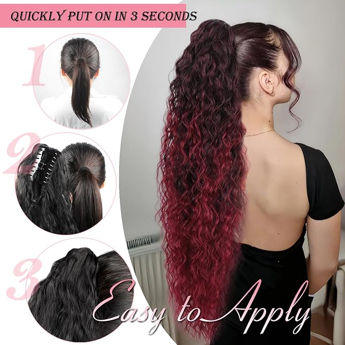 ENBEAUTIFUL 30" Claw Clip Ponytail Extension Long Wavy Ponytail Extension Synthetic Pony Tails Hair Extensions Clip in Hair pieces for Women T1B/bug