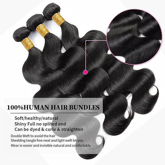 10A Body Wave Bundles 22 24 26 Inch Human Hair Bundles 100% Unprocessed Brazilian Body Wave Bundles 3 Bundles Human Hair Wet and Wavy Long Hair Weave Bundles Natural Black Color Bundles
