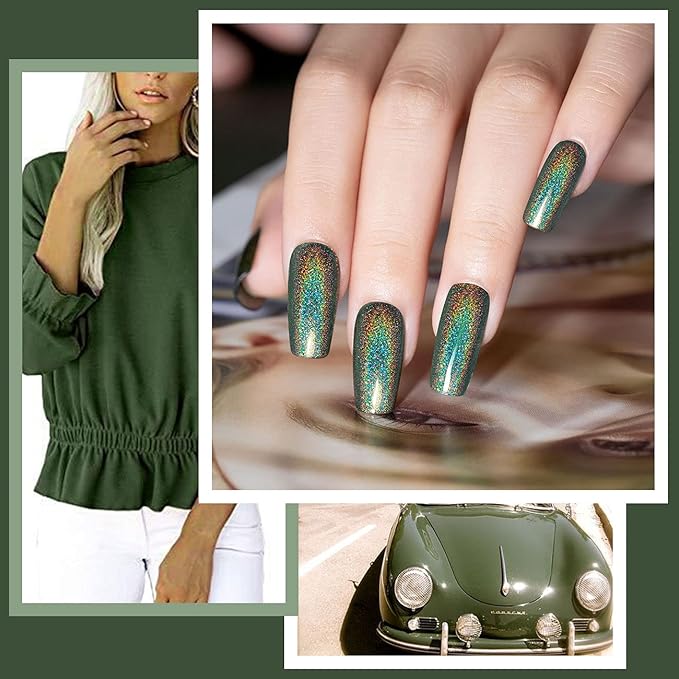 RARJSM Holographic Nail Polish Army Green Gel Nail Polish 7.5ML Gorgeous Glossy Hologram NailGel Curing Required Gel Polish Nail Art Manicure Salon DIY at Home