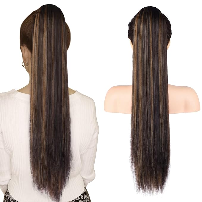 SEIKEA 28" Ponytail Extensions Drawstring Long Straight Fake Pony Tail Natural Soft Clip in Hair Extension Synthetic Heat Resistant Hairpiece - Chestnut Brown with Blonde Hightlights