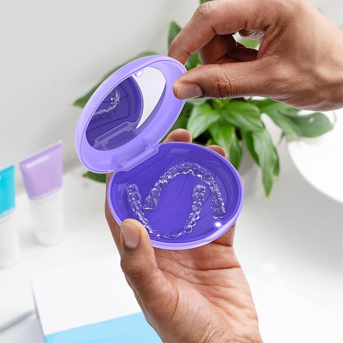 2Pack Retainer Case with Mirror, Compatible with Invisalign, Orthodontic Aligner Case with Removal Tool and Brush, Purple