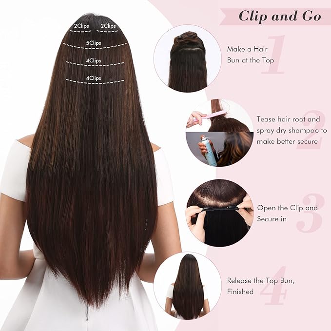 REECHO Clip in Hair Extensions, Hair Extensions Thick Long Lace Weft Lightweight Synthetic Hairpieces for Women (24 Inch-240 Gram(Pack of 5), Ash Brown with Blonde Highlights)