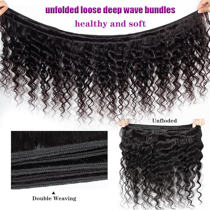 Loose Deep Wave Bundles Brazilian Human Hair Bundles 24 26 28 Inches Brazilian Natural Color Unprocessed Hair Bundles Extensions Double Weft Brazilian Virgin Remy Black Hair Bundles