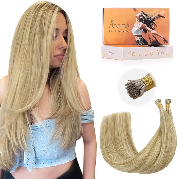 DOORES Itip Human Hair Extensions,16 Inch 100g 200s Itip Human Hair Extensions,Light Blonde Highlighted Golden Blonde I Tip Hair Extensions,Cold Fusion Itip Remy Hair Extensions