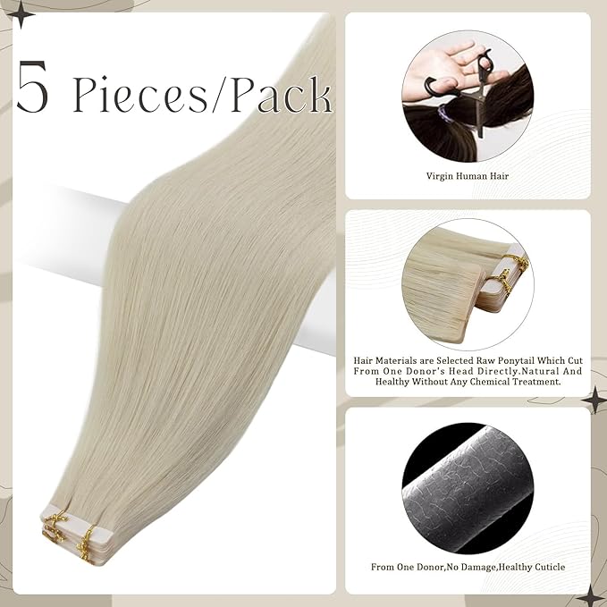 Full Shine Injected Tape Hair Extensions 5Pcs Color 1000 Blonde Virgin Intact Tape in Hair Extensions Seamless Skin Weft Tape ins Extensions 16 Inch Human Hair Extension 10Gram Straight Hair