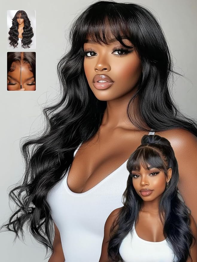 Sunber Put On and Go Glueless Wigs Pre Plucked Pre Bleached Human Hair Loose Wace With Curtain Bangs Bye Bye Knots Pre Cut Lace 13X4 HD Lace Front Wig 28Inch