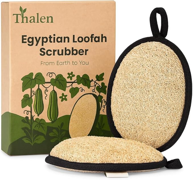 Thalen Natural Loofah Exfoliating Scrubber Body and Face - 3-Pack | Plastic-Free Loofah, No PFAS, Bath Sponge for Women, Shower Scrubber Exfoliator, Face Scrubber for Smooth Skin - Black Obsidian