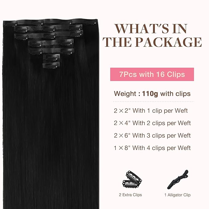GOO GOO Clip in Hair Extensions Real Human Hair, Remy Human Hair Extensions Clip ins for Women, Natural Human Hair, 24inch 120g 7Pcs, 1 Jet black