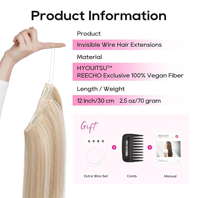 REECHO Invisible Wire Hair Extensions with Thinner Softer Lace Weft 12" Short Straight Clips in Secret Hairpiece for Women 12 Inch (Pack of 1) - Honey Blonde with Highlights