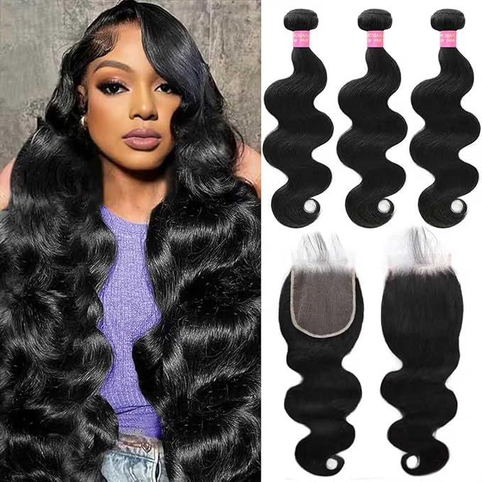 12A Bundles With Closure Human Hair 5x5 HD Lace Closure 28 30 32+20 Inch 100% Unprocessed Brazilian Virgin 3 Bundles with Closure Quick Weave Body Wave Bundles Natural Black