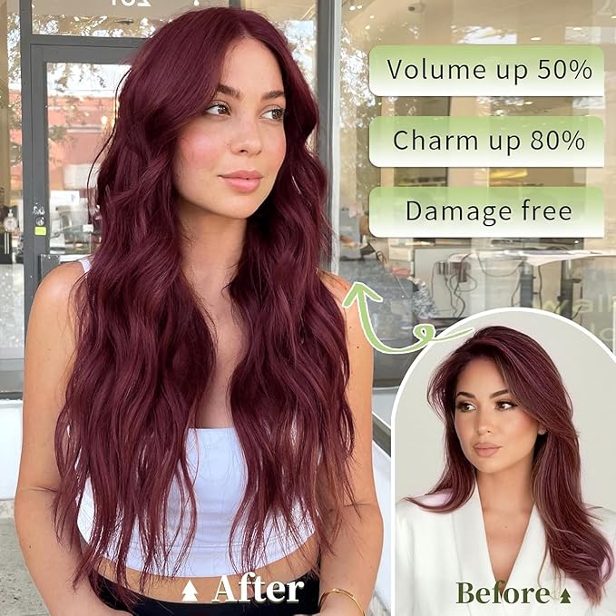 KooKaStyle Invisible Wire Hair Extensions with Transparent Wire Adjustable Size 4 Secure Clips Long Wavy Secret Hairpiece (16 Inch, Burgundy)