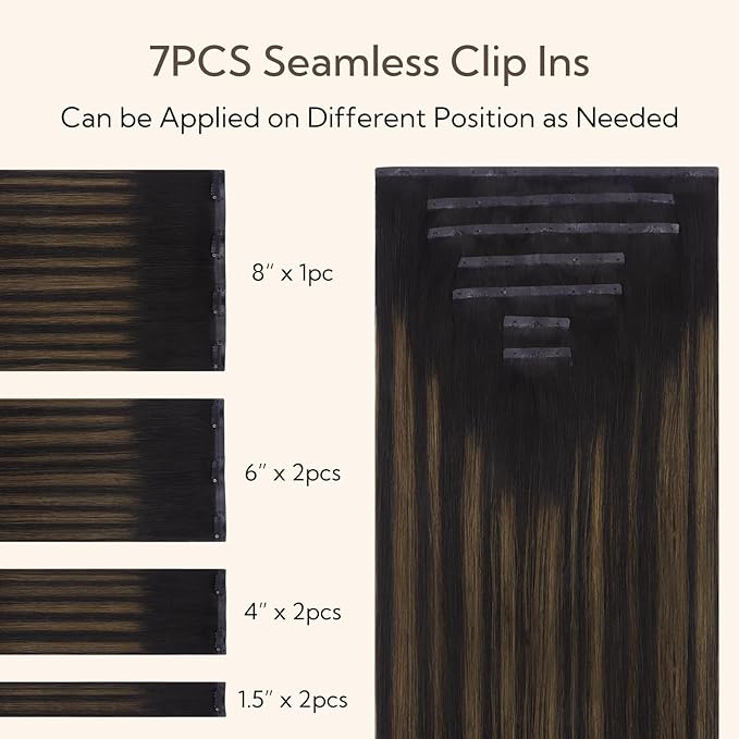 HOTBANANA Seamless Clip in Hair Extensions 16 inch 130g 7pcs Ombre Natural Black Mixed Chestnut Brown Clip in Remy Human Hair Extensions Straight Hair Invisible PU Skin Weft