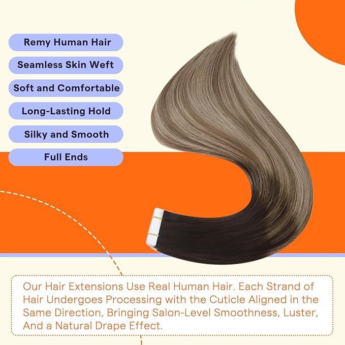 Full Shine Tape in Hair Extensions 22 Inch Color 2 Dark Rooted Ombre to 6 Brown Highlight 18 Blonde Seamless Skin Weft Remy Tape Ins Human Hair Extensions 50g Natural Straight for Women 20PCS