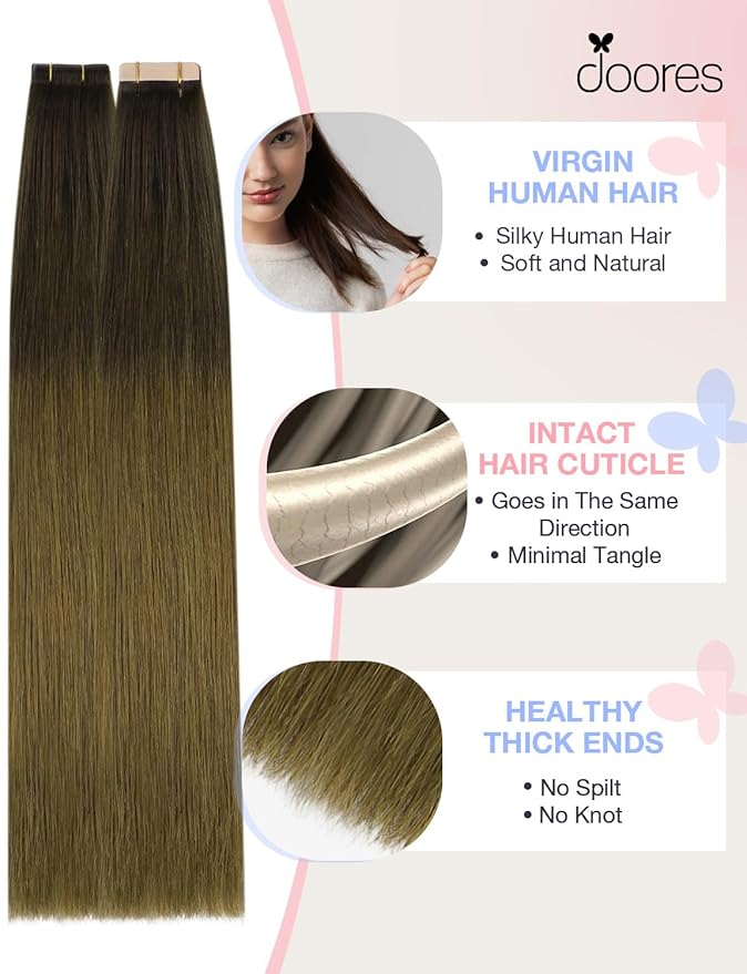 DOORES Invisi Edge Human Hair Extensions Tape in, Natural Black to Dark Brown and Chocolate Brown 10 Injection Tape-ins with 10 Classic Tape-ins 50g 24 Inch, Injection Tape in Extensions