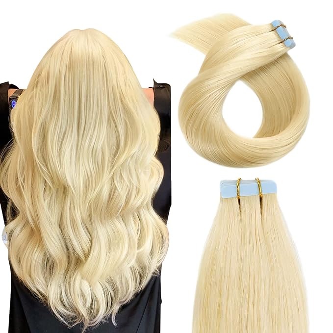 YILITE Tape in Human Hair Extensions Silky Straight Remy Tape Hair Extensions Bleach Blonde (#613), 40g/pack, 16 Inch (Pack of 20)