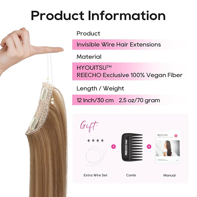 REECHO 12" Invisible Wire Hair Extensions with Thinner Softer Lace Weft Adjustable Size Removable Secure Clips in Short Straight Secret Hairpiece for Women - Medium Brown with Blonde Highlights