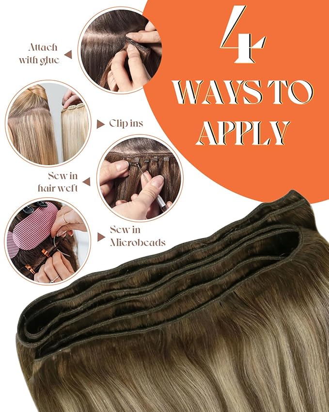 Sunny Hair Sew in Hair Extensions Real Human Hair Dark Brown Ombre Light Brown Mix Blonde Human Hair Weft Extensions Double Weft Hair Extensions Human Hair Sew in Extensions Balayage 100g 20inch