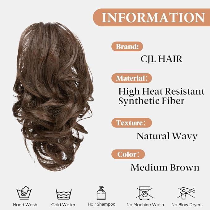 CJL HAIR Claw Clip Short Ponytail Hair Extensions DIY Bendable Metals Messy Bun Hair Piece for Wonen Wavy Curly Synthetic Fake Hairpieces Dark Brown