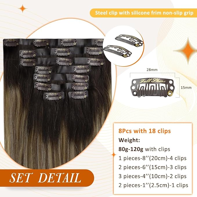 Full Shine Balayage Hair Clip in Extensions Short Hair Extensions Clip ins Ombre Dark Brown to Medium Brown Mix Honey Blonde Hair Clip in Extensions 12 Inch 8 PCS 95 G