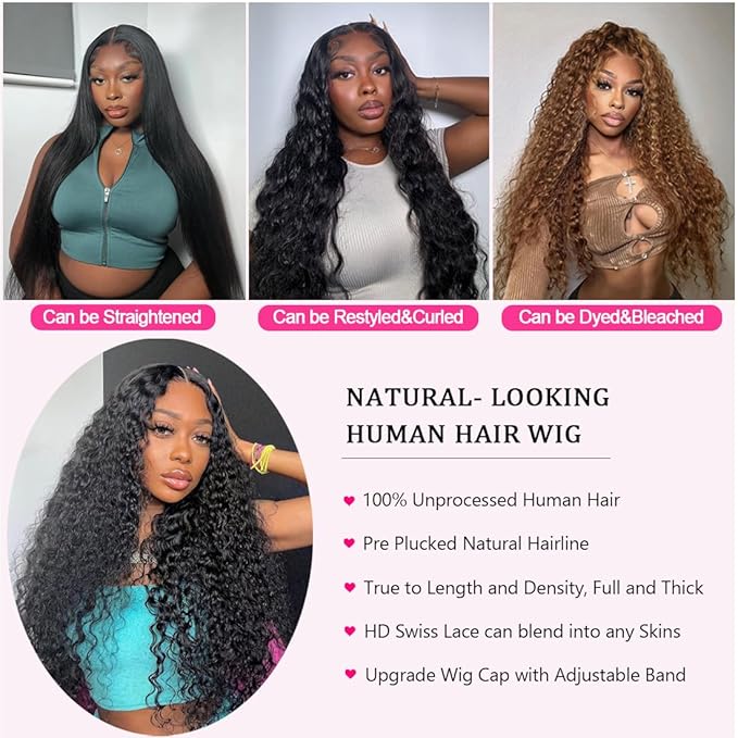 24 Inch 13×6 HD Lace Front Wigs Human Hair Water Wave 200 Density Lace Frontal Wigs Pre Plucked Deep Curly Human Hair Wig for Women Natural Black