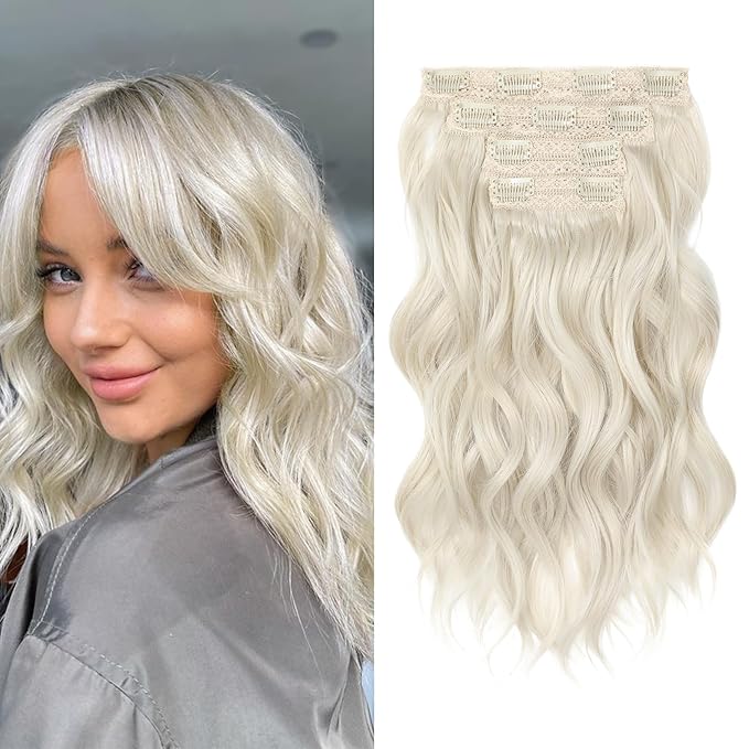 REECHO Clip in Hair Extensions - 4PCS 14" Short Beach Wavy Hairpieces - Invisible Lace Weft - Natural Soft - Platinum Blonde
