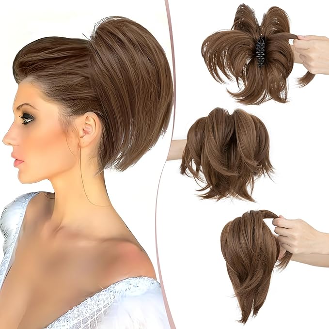 Claw Clip Short Ponytail Hair Extensions Messy Bun Hair Piece Pony Tails Hair Extensions with Bendable Metal Wire Hair Pieces DIY Style 8 Inch 10 Ash Brown