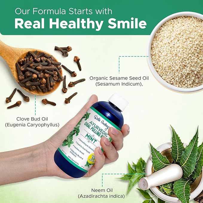 Pack of 3 Ayurvedic Organic Oil Pulling for Teeth and Gums | Refreshing Mint Flavored Oral Rinse Mouthwash | Essential Oils for Bad Breath | Teeth Whitening Pulling Oil & Gum Care Mouthwash-8 FL Oz