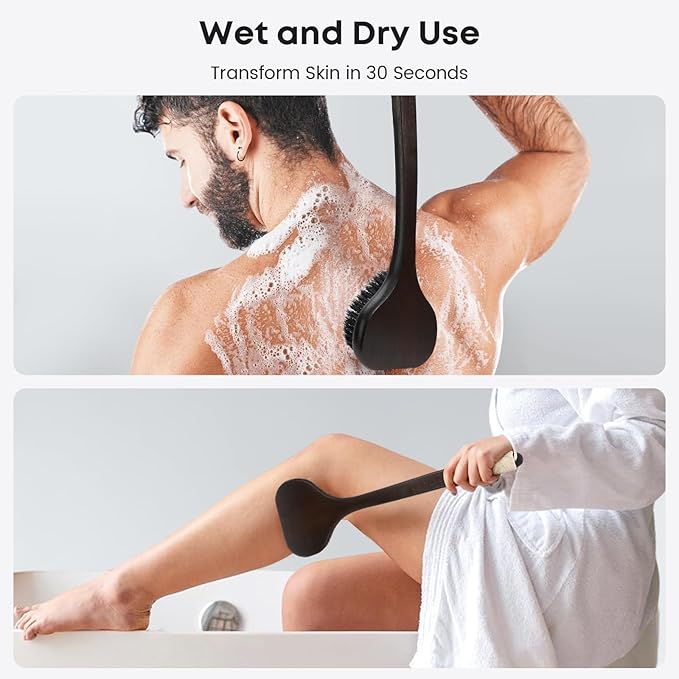 Bamboo Back Scrubber with Curved Long Handle, 17.3 Inches Exfoliating Shower Brush with Extra Stiff Bristles for Men and Women, Back Washer Body Exfoliator for Bath or Dry Brushing