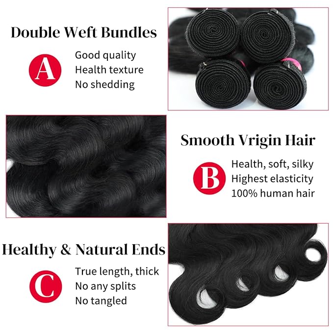 12A Body Wave Bundles Human Hair 16 18 20 22 Inch Human Hair Bundles 100% Unprocessed Brazilian Virgin Hair 4 Bundles Human Hair Body Wave Human Hair Extensions Bundles Human Hair Natural Black
