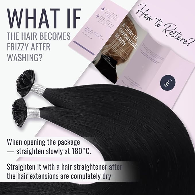 fshine Jet Black U Tip Hair Extensions Real Human 18 Inch Pre Bonded Hot Fusion Keratin Bondings Straight Soft 50g/Pack 1.7637 Ounce