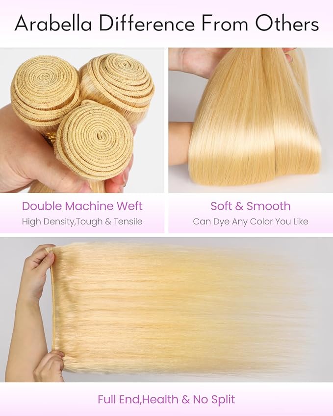 Arabella 613 Straight Bundles Human Hair 24 26 28 Inch Blonde Hair 100% Unprocessed Brazilian Virgin Hair 10A Weave Sew in Double Weft 3 Bundles Human Hair 613 Hair Extensions for Women