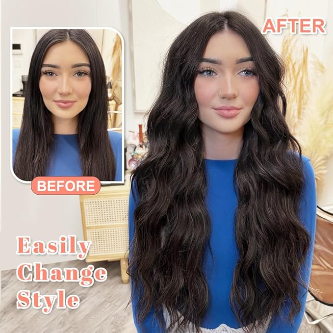 ALXNAN Clip in Long Wavy Synthetic Hair Extension 16 Inch Dark Brown 4PCS Thick Hairpieces Fiber Double Weft Hair for Women