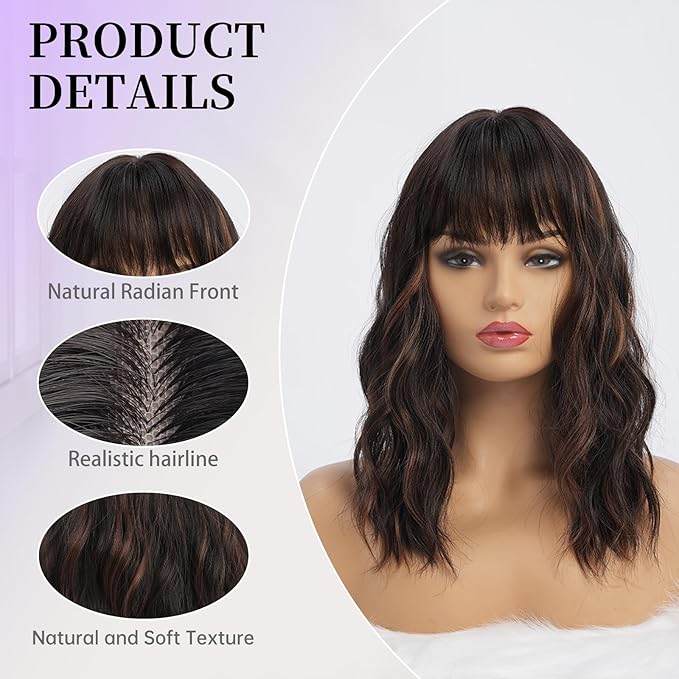 Dark Brown Wigs with Highlights for Women Synthetic 16 inch Medium Length Wigs with Bangs Natural Long Wavy Fringe wig Heat Resistant Hair for Daily Party Use (16 inch)