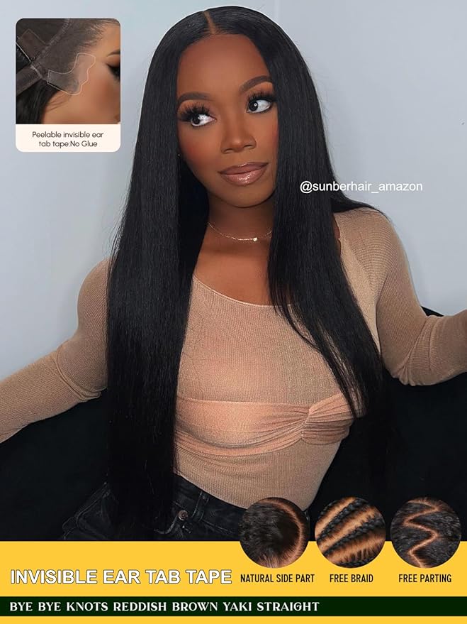 Sunber Yaki Straight Human Hair Glueless Wig Pre Everything 13x4 Lace Frontal Pre Cut Lace Pre Bleached Invisible Knots 180% Density Put on Go Bye Bye Knots No Glue 20Inch Yaki Straight Human Hair Wig