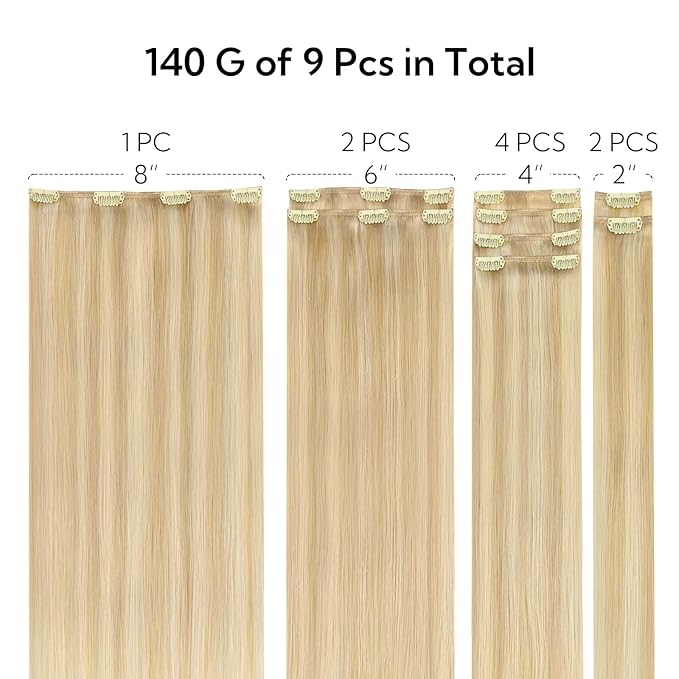 HOTBANANA Clip in Hair Extensions Real Human Hair, 135g 9pcs 16 inch Dirty Blonde Mixed Bleach Blonde Straight Remy Clip in Extensions Full Head for Women